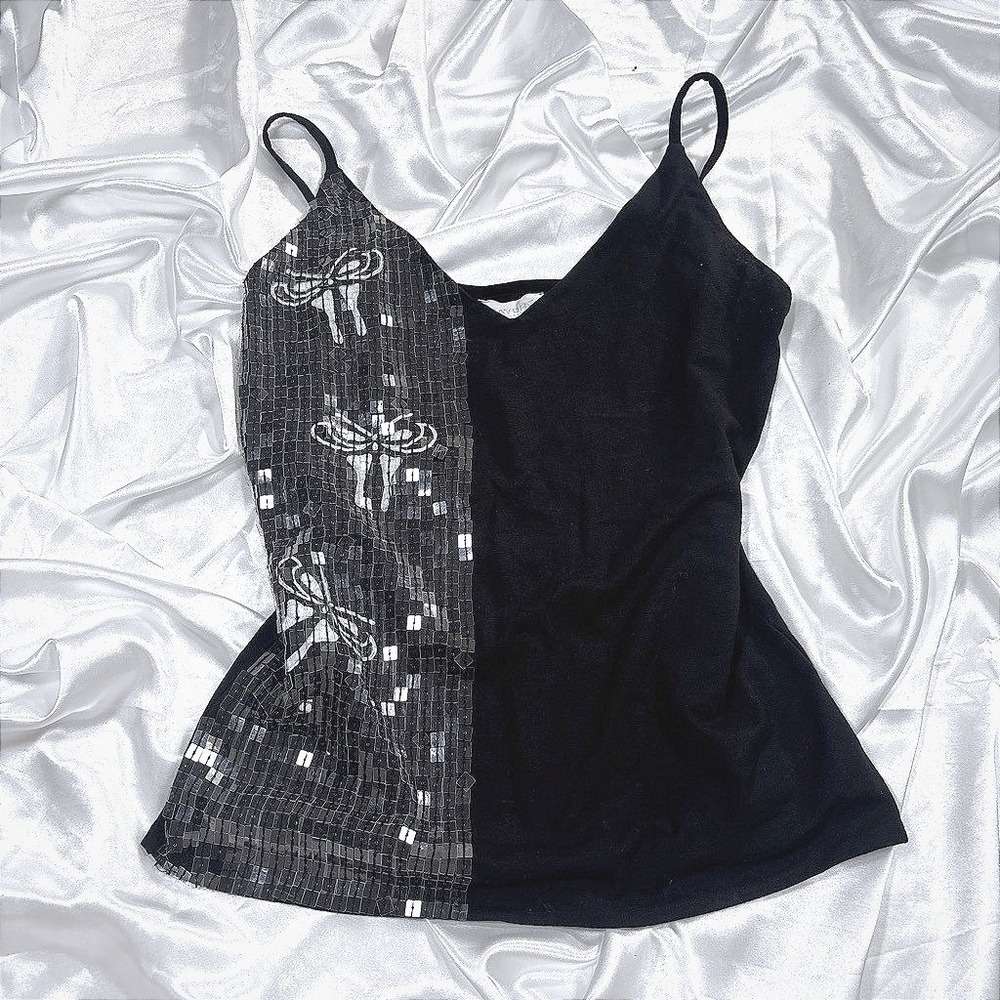 y2k Rayure Paris Camisole Top Black Sequin Bow Spaghetti Strap 3